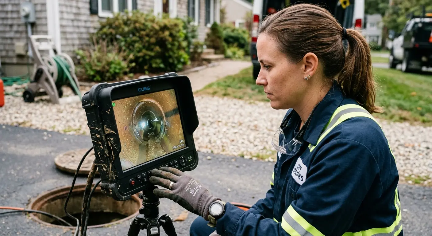 Technician reviewing sewer camera inspection footage in Georgetown