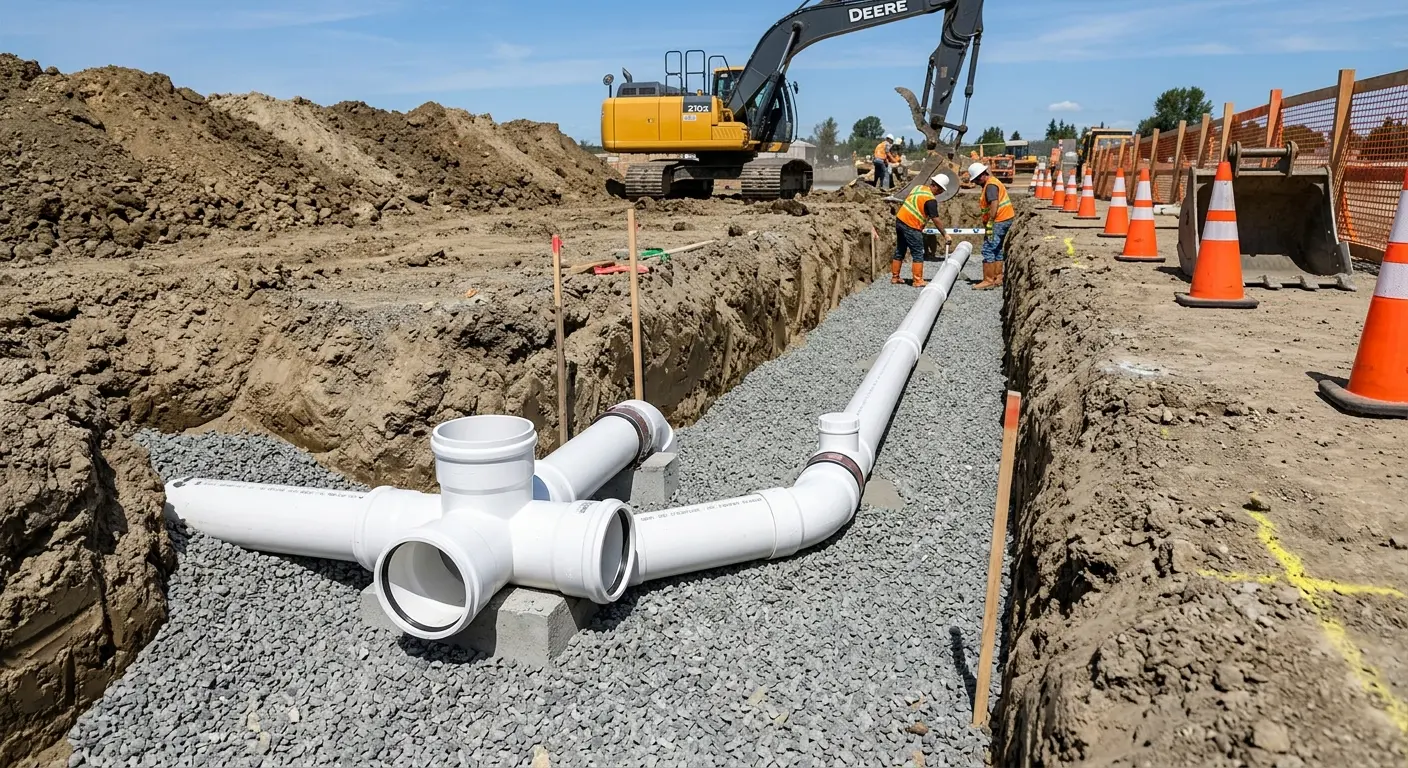 New PVC sewer pipe installation in open trench for Sewer Backup in Georgetown