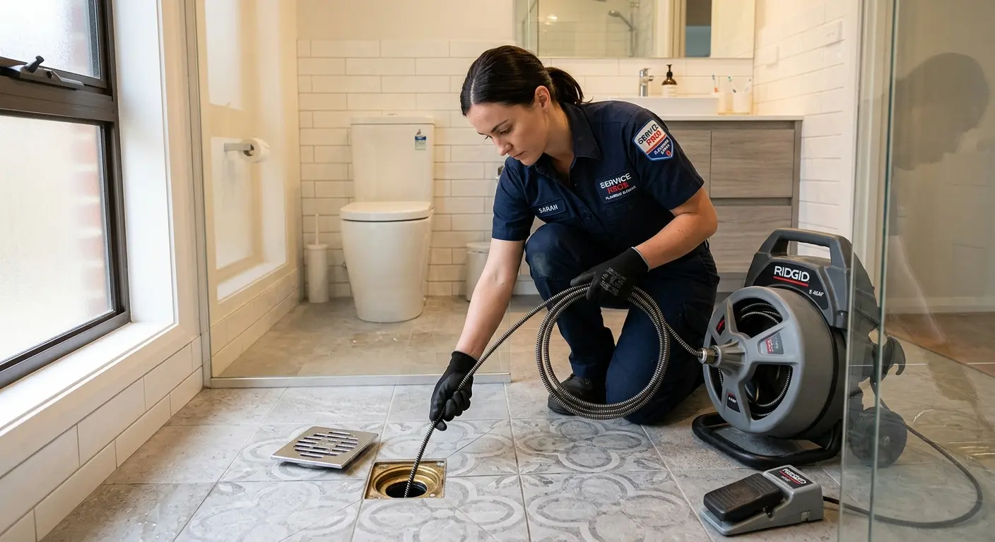 Technician clearing a bathroom floor drain for Drain Cleaning in Georgetown